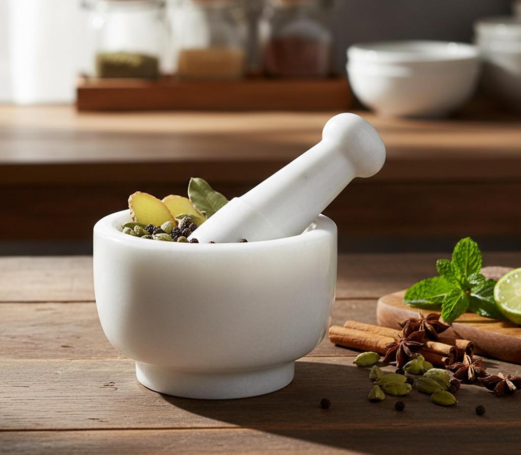 KLEO 5" Durchmesser Naturstein Marmor Mörser und Stößel Set für Gewürzmühle und Medizinzerkleinerer (Weiß)