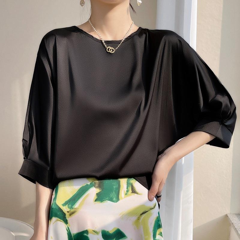 

IHUASU Женский весенний свитер с круглым вырезом, тонкая рубашка с рукавами для поездок на работу, однотонный атласный шелк XXL