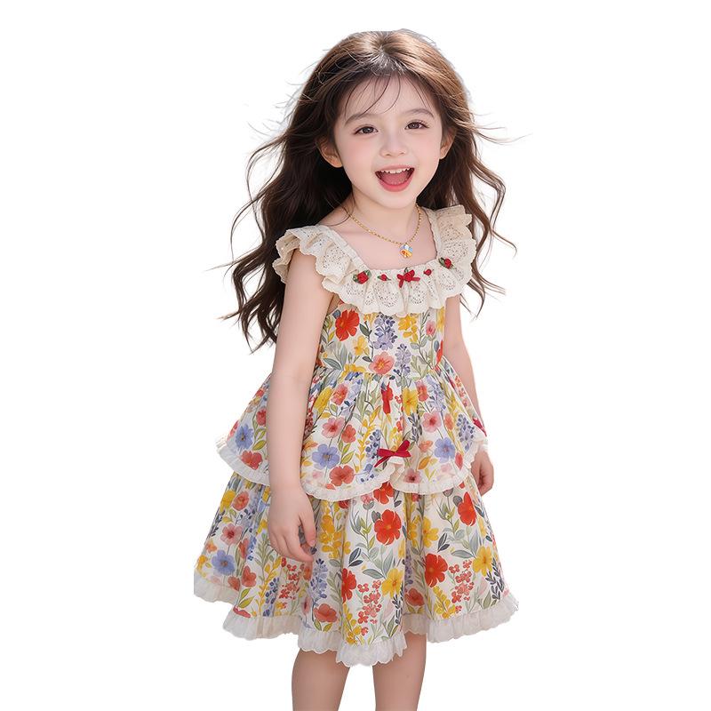 Girls' Floral Lace Princess Summer Dress - Trendy Puffy Skirt Beach Tank