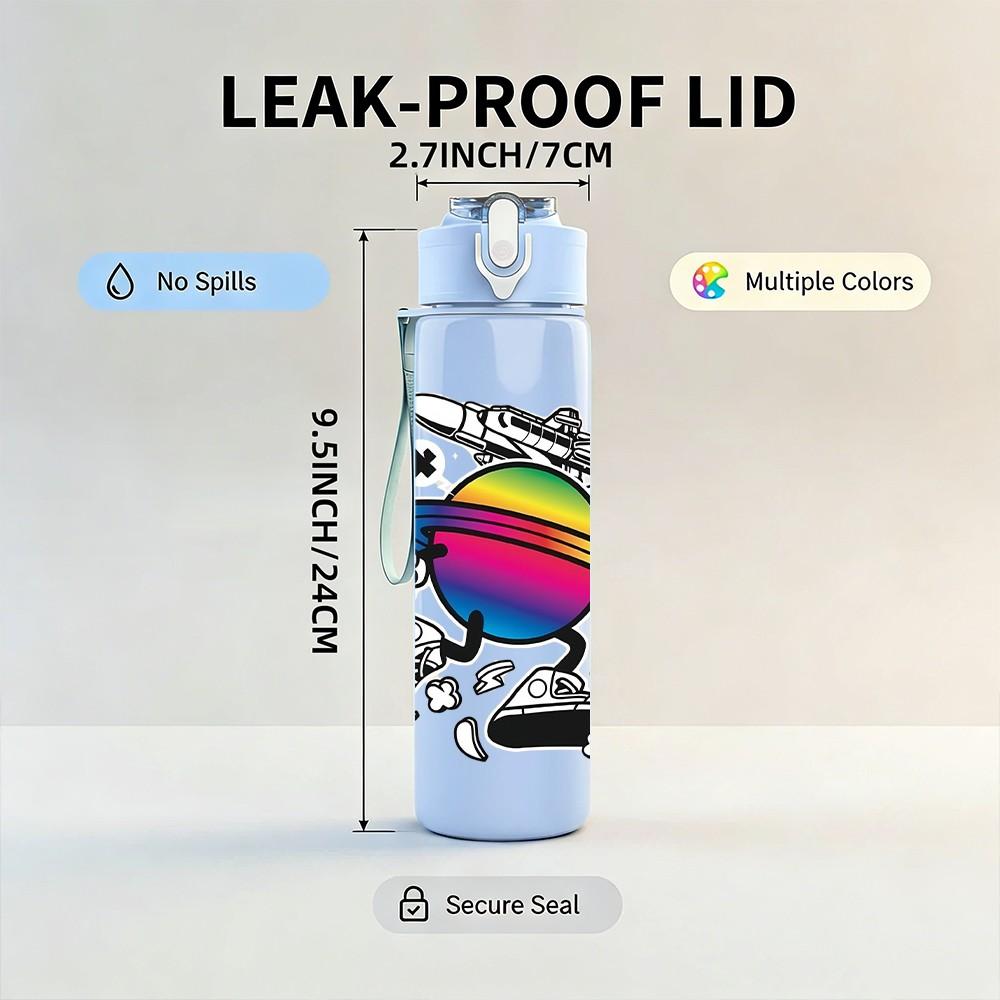 1PC Rainbow Planet Abstract Art 750ml Color Plastic Sports Water Bottle Leakproof Flip Straw Lid Suitable for Sports Office Home Use