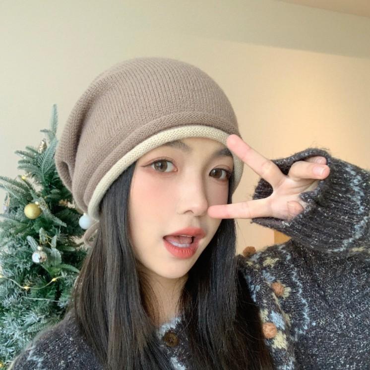 Double rolled Edge Drawstring Pile Hat Women's Warm Headscarf  Cold Hat  Big Head Circumference  Making The Face Look Smaller  Versatile Knitted Hat