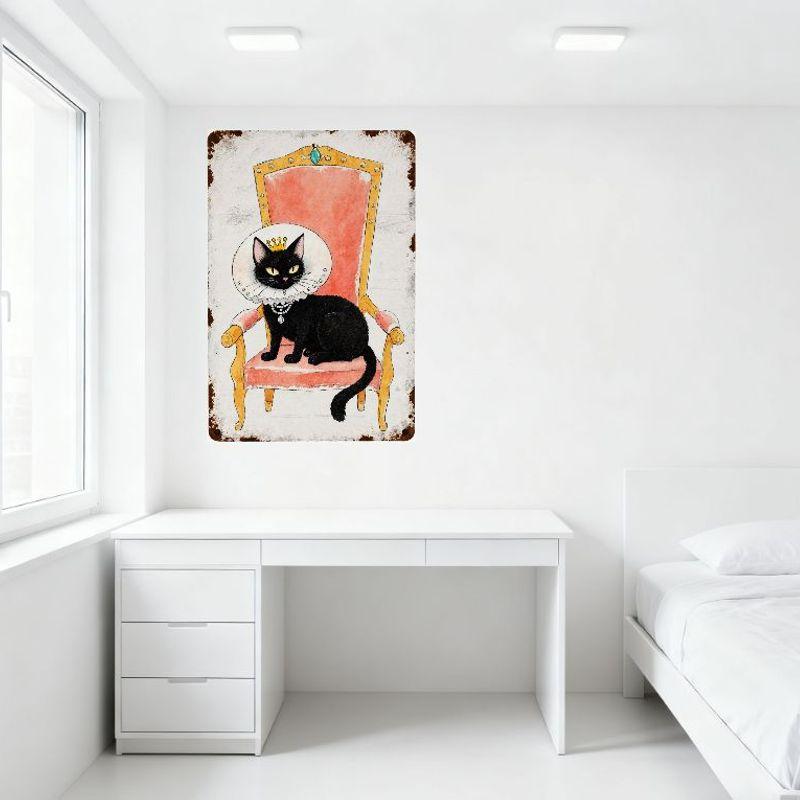 Regal Black Cat with Crown On Pink & Gold Ornate Armchair Vintage Metal Tin Sign for Home Decor, 8x12 Inch Retro Nostalgic Wall