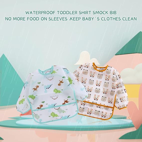 Long Sleeve Waterproof Bib Set 2 Pack Adjustable Size No Fluorescent Agent 6-36 Months Flamingo Cactus
