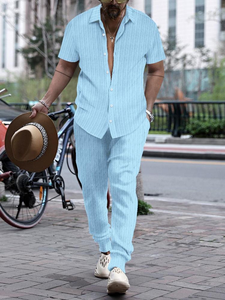 

Мужские летние повседневные брюки с коротким рукавом, пляжный комплект 2XL светло-синий