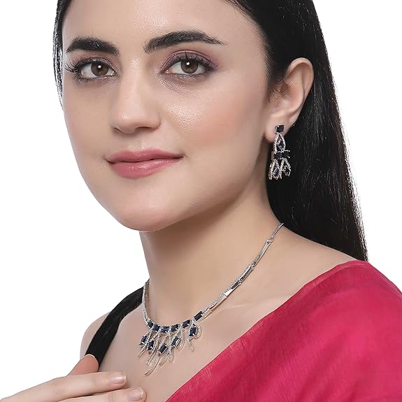 Collier contemporain clouté de diamants américains plaqué rhodium avec boucles d'oreilles, ensemble de bijoux pour filles et femmes