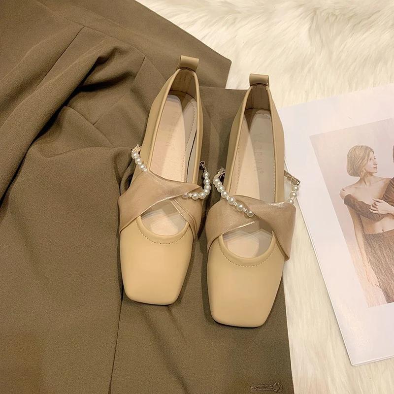 

Fashion Early Spring Square Toe String Bead Plat for Woman Elegant Pu Leather Single Shoes Women Party Banquet Ballet Shoes Mujer 35