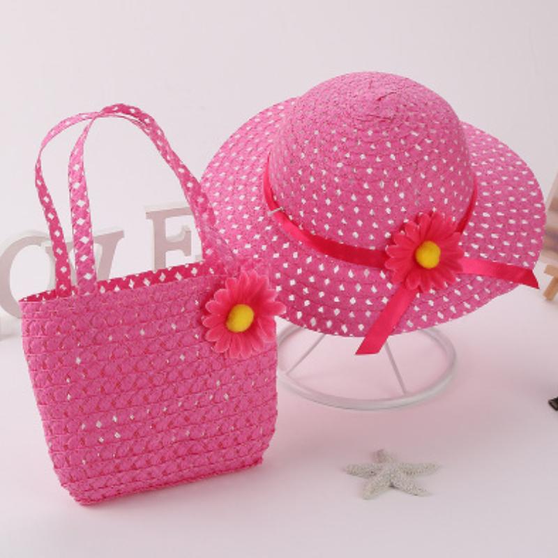 Kids Charm Princess Straw Baby Girl Sun Beach Hat Flower Cap & Handbag Lovely Summer