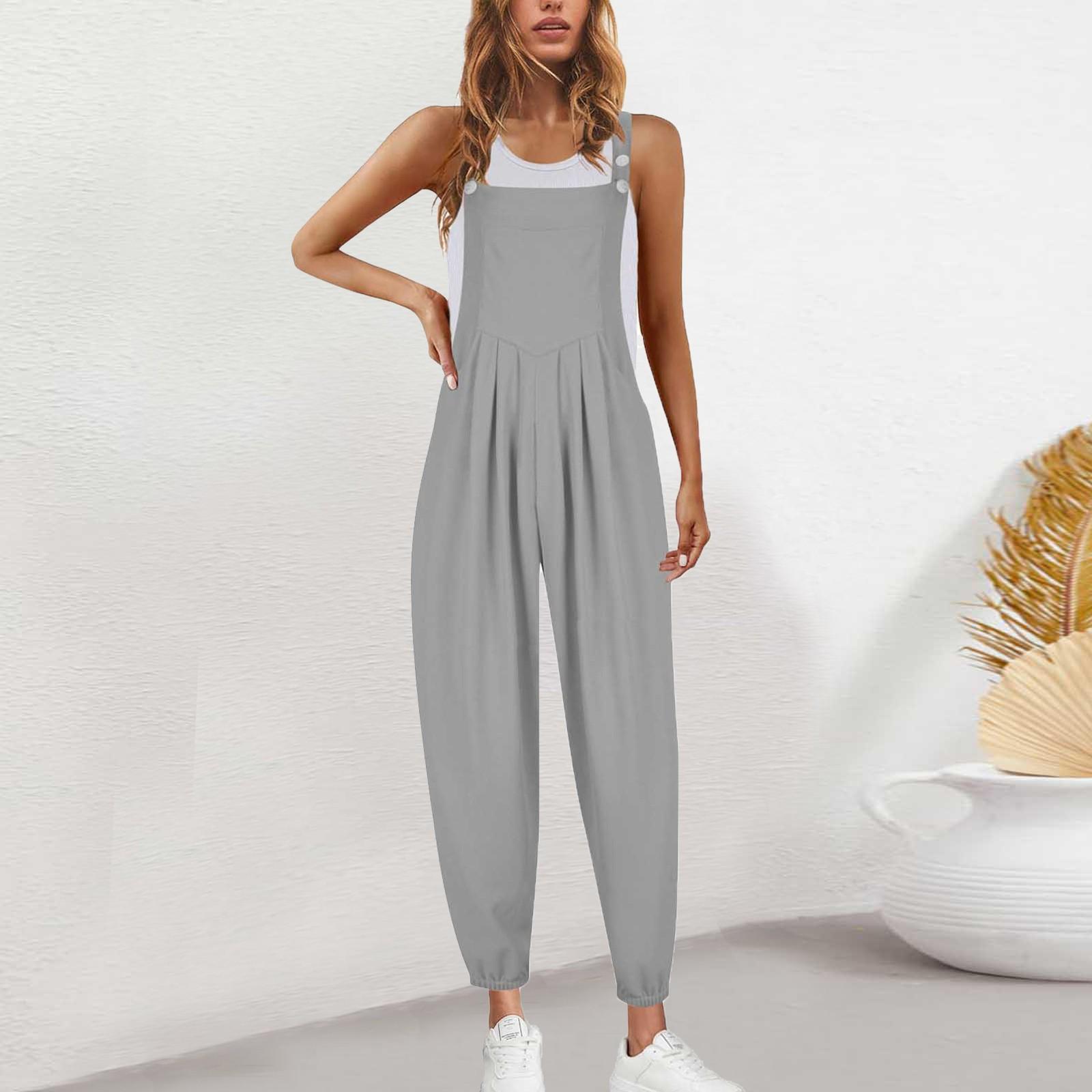 

Женские весенне-осенние комбинезоны с регулируемым ремешком, винтажные однотонные брюки без рукавов с карманами M серый