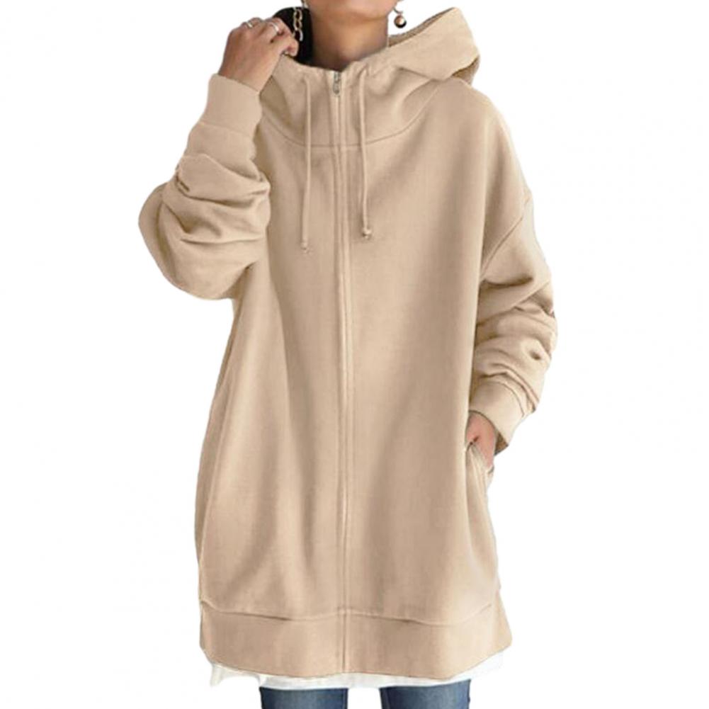 Womens Zip Up Long Hoodie Jacket with Drawstring Tunic Sweatshirt One Tone Open Front Cardigan Autumn Winter Hooded Pullover