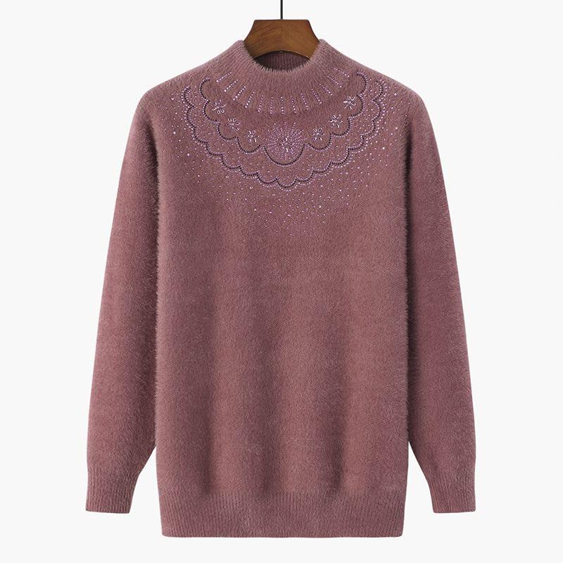 Fashionable Fleece-Lined Grandma's Knit Sweater: Half-High Collar, Imitation Mink Hair, Plus Size