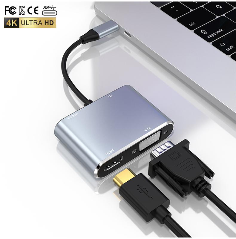 4In1 USB C Type C to 4 Ports 4K HDMI USB 3.0 VGA USB PD65W Aluminum Alloy HUB Docking to Computer Transfer Data Adapter hdmi Hub