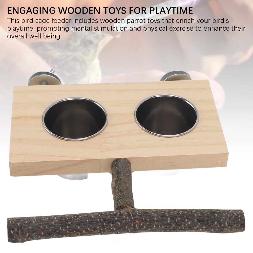 Bird Cage Feeder with Perch Stand Stainless Steel Food Cup Bird Wooden Feeding Bowl for Parakeets Co