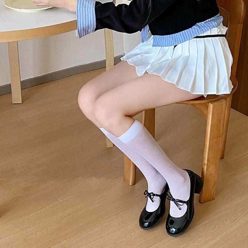 Women Japanese Style Summer Cute Heart Pattern Thin Silk Over Calf Long Socks