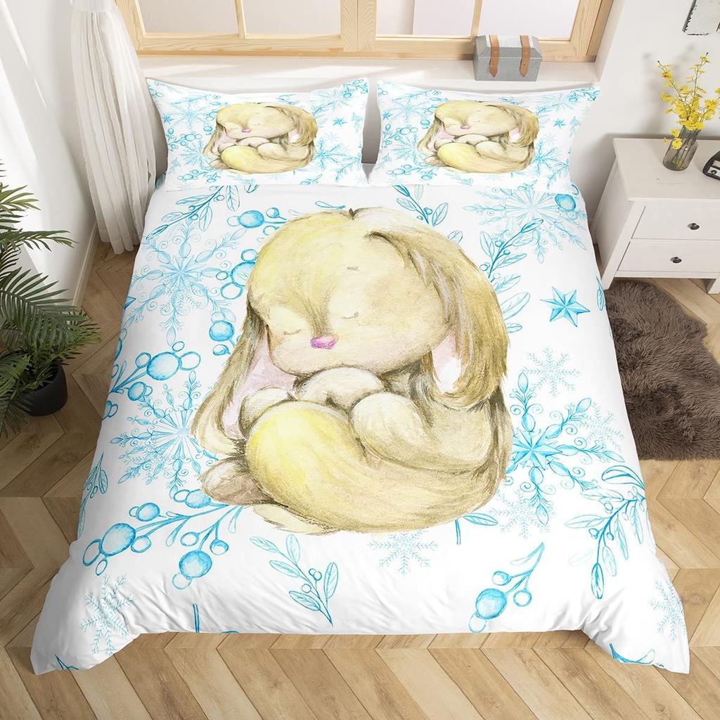 Cute Rabbit Duvet Cover Collection Twin Queen Colorful Flower Bedding Collection Microfiber Botanical Floral Cartoon Animal Comforter Cover