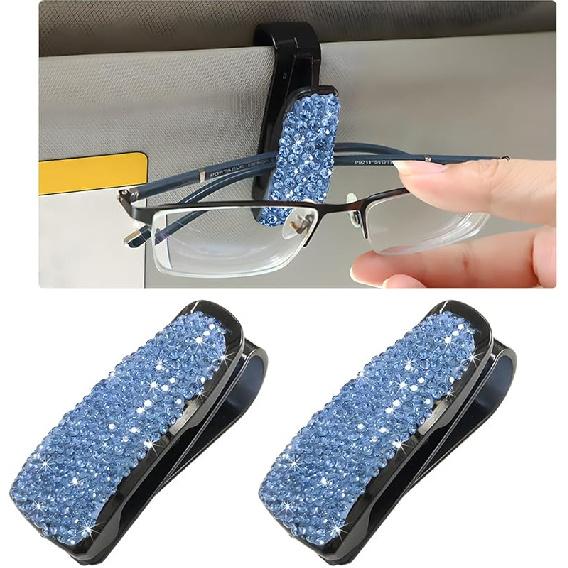 2 PCS Car Sun Visor Glasses Holder, Fashion Bling Car Eyeglasses Sunglasses Hanger for Women Girls, Glasses Holder Clip Hanger Mount with Ticket Card