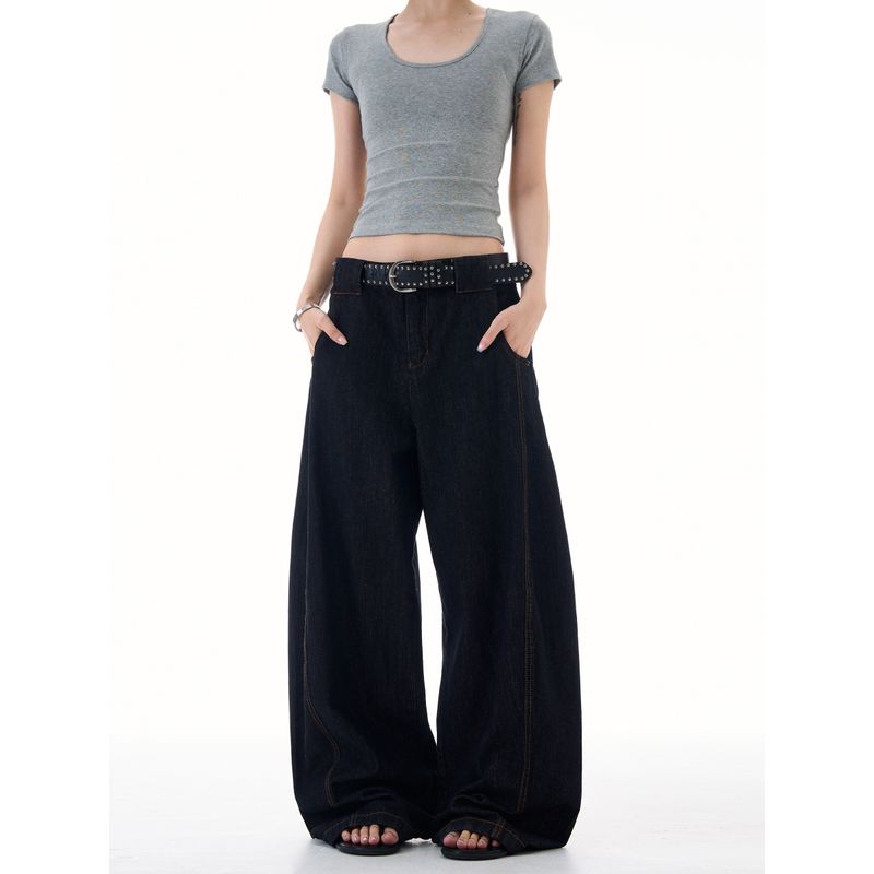 Madwitch Retro Simple Wide-Leg Scimitar Jeans Unisex Loose Casual Cleanfit High-Sense Pants