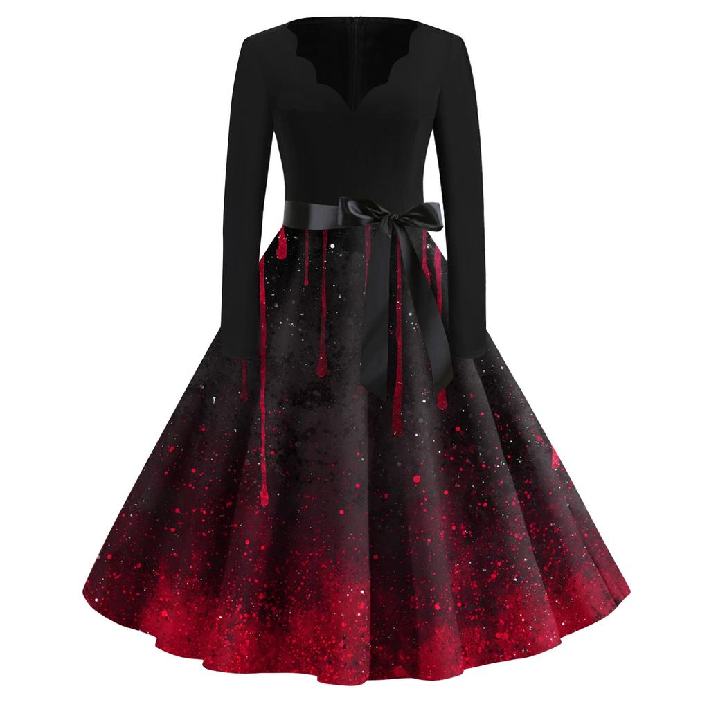 Women's Casual Fashion Halloween Printed V-Neck Vintage Dress