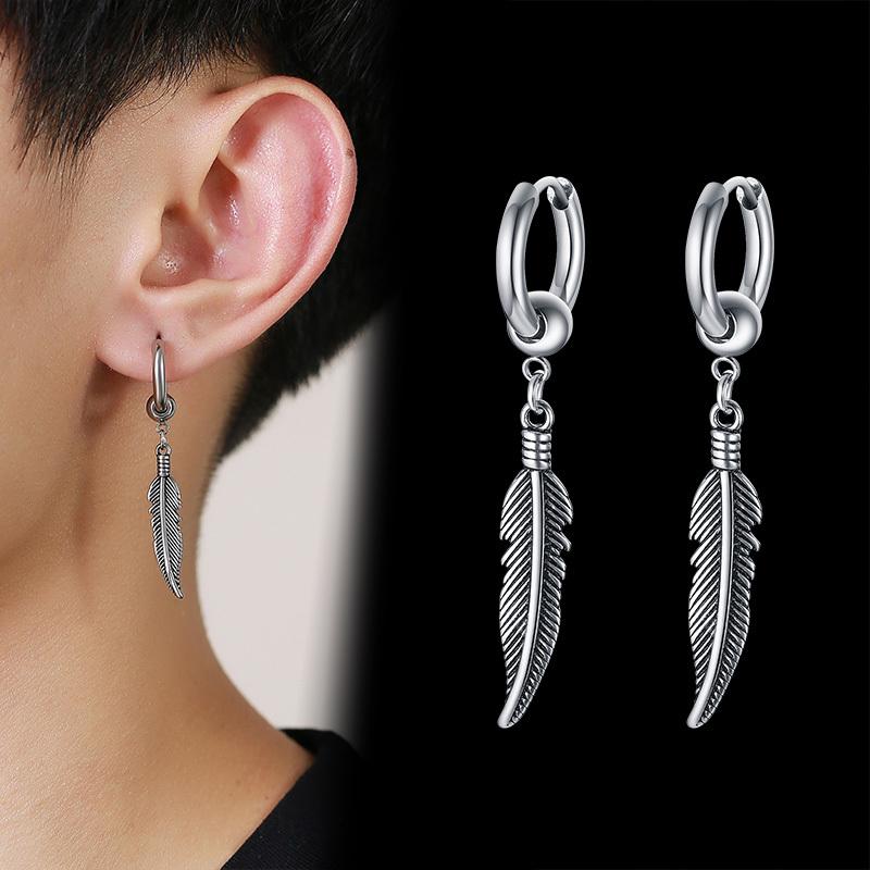 Vnox 1 Piece/Pair Feather Leaf Dangle Earrings for Women Men Jewelry,Stainless Steel Link Chain Drop Punk Ear Clip Accessory