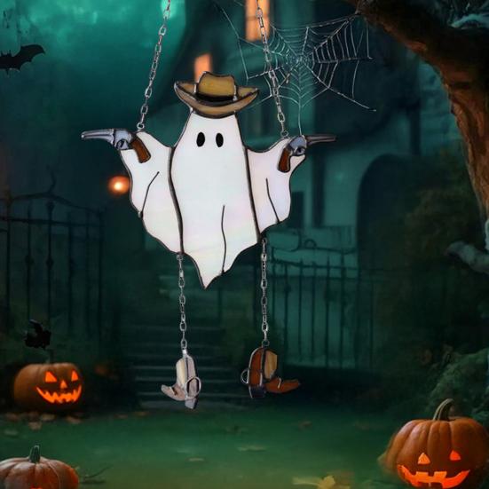 Halloween Spøkelse Solfanger Farget Glass Akryl Vindusoppheng Lysfanger Søt Cowboy Spøkelse Dekorasjon for Hjemmekontor Kjøkken Stue Vegg