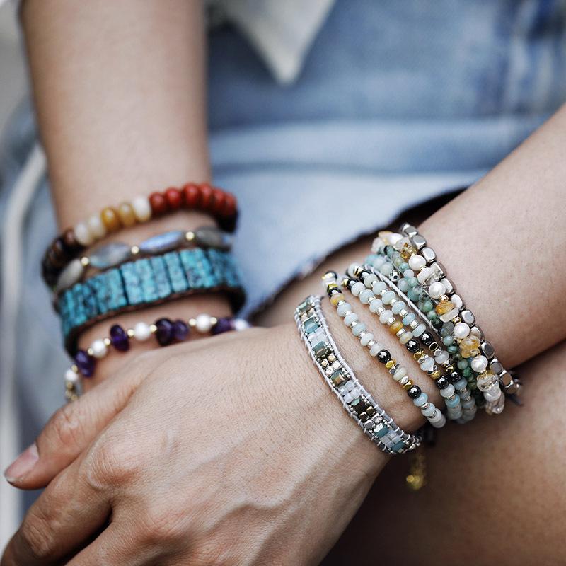 Premium Natural Stone 7 Colored Stone Chakra Handmade Beaded Elastic Couple Bracelet Bracelet Japanese Jewelry