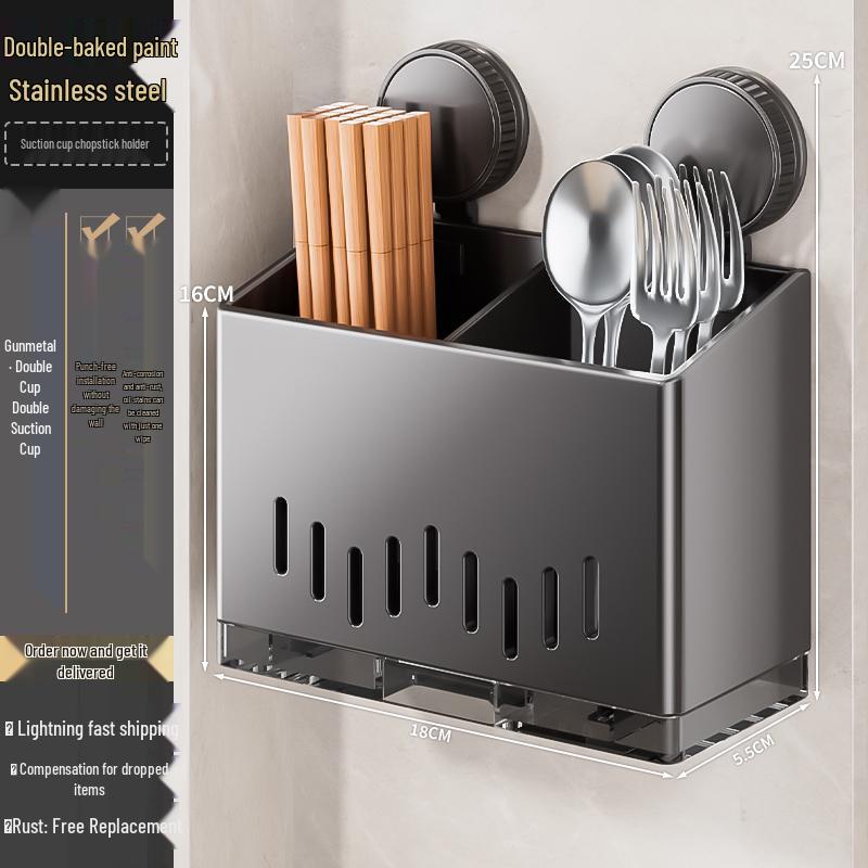 Wall-Mounted Stainless Steel Chopstick and Utensil Holder with Suction Cup