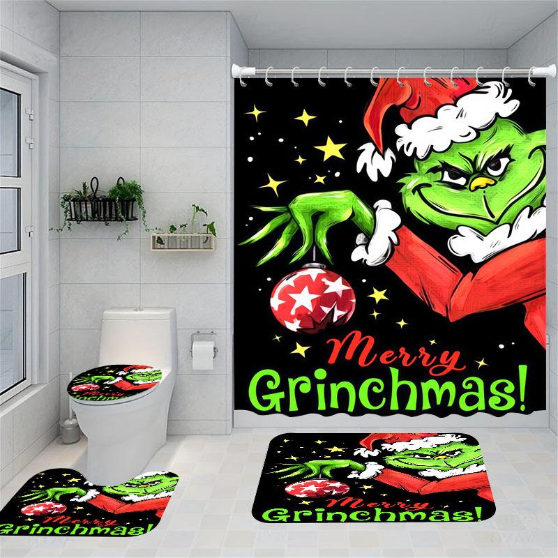 Christmas Series Shower Curtain Digital Printing Bathroom Shower Curtain Four-Piece Polyester Shower Curtain