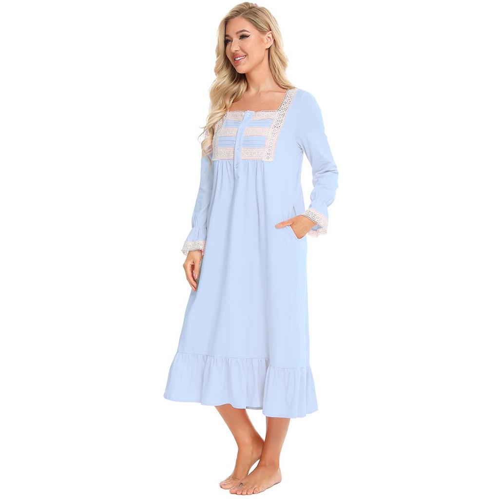 Camisón Victoriano para Mujer Tejido De Algodón Suave Manga Larga Henley Camisón Vintage Camisón De Salón con Adornos De Encaje Camisa para Dormir Camisón De Lactancia De Maternidad