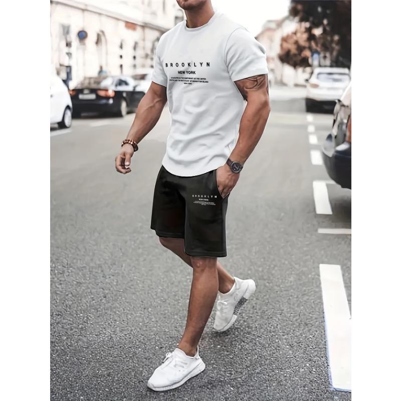 Short-sleeved shorts summer suit men's t-shirt trend round neck men's set with gangster handsome sports two-piece suit
