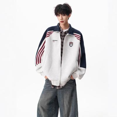 Gestreifte Stehkragen Strickjacke Sweatshirt Herren College-Stil Locker Lässig Vielseitige Sportjacke