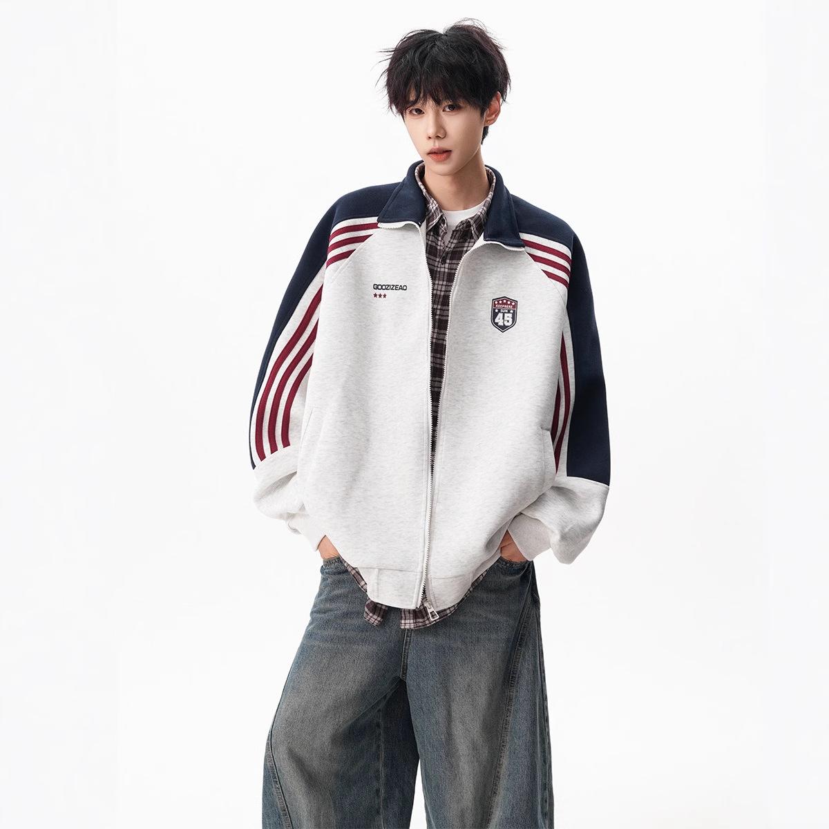 Striped Stand-up Collar Cardigan Sweatshirt Men s College Style Oversized Everyday Versatile Athletic Activities Jacket High Quality S