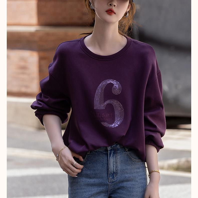 Fashion Crew Neck Sweater Women's Autumn New Letter Sequins Loose and Thin Casual Pullover Jacket