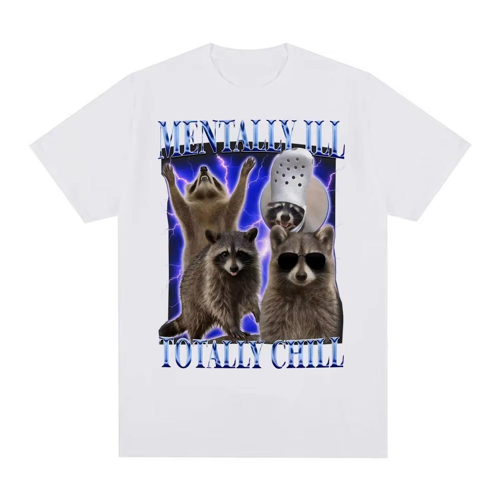Mentally Ill Totally Chill Funny Raccoon Meme T-shirt Men Clothing Vintage Graphic T Shirt Unisex Summer Tops O-NeckTees