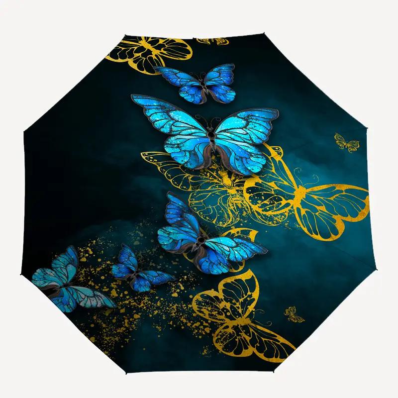 Automatic Open/Close Umbrella with 8-Rib Sturdy Frame, Automatic Folding Mechanism & Blue & Golden Butterfly Design - Compact