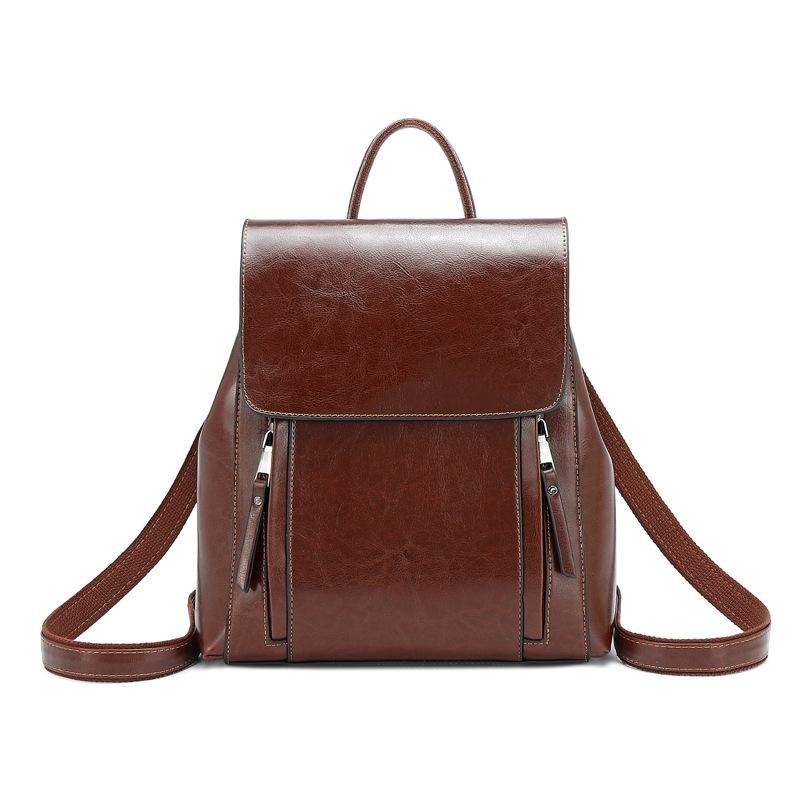 A Retro Oil-wax Leather Backpack for Women, A Fashionable Schoolbag for Female College Students