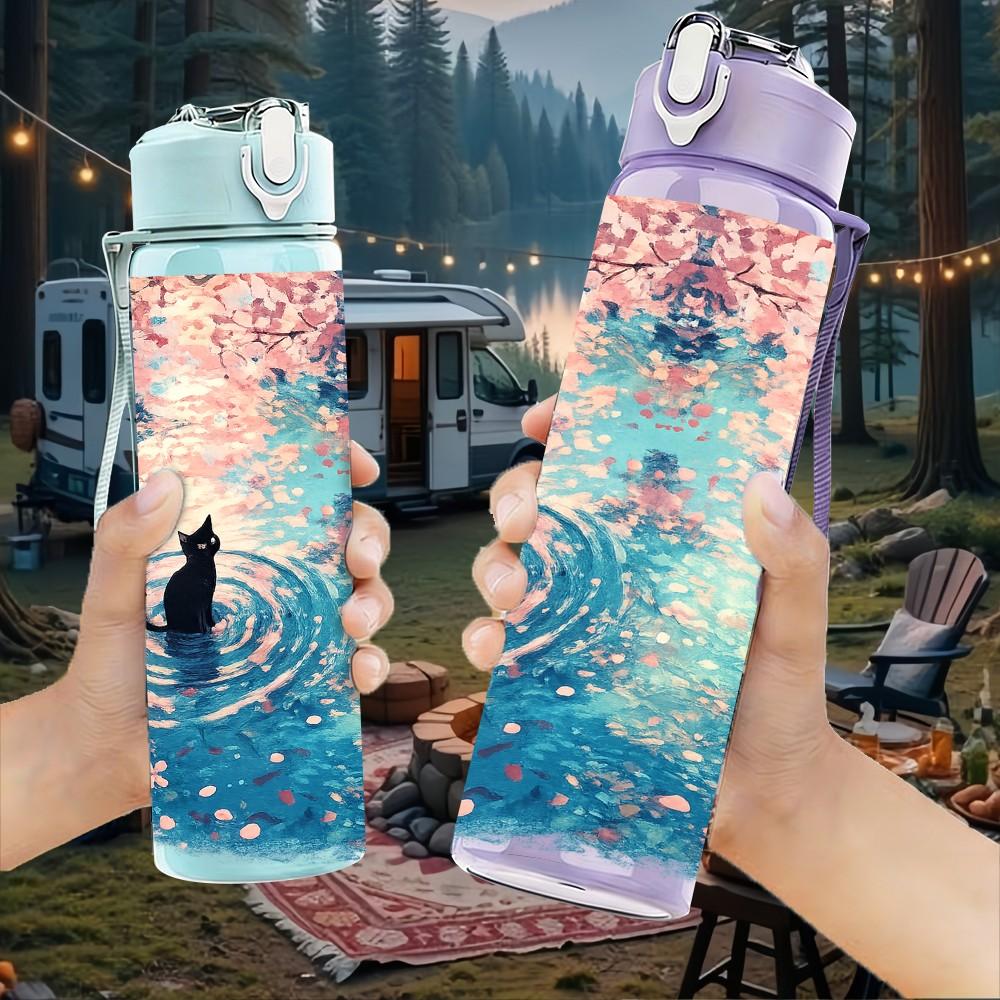 1PC Ocean Wave Watercolor Abstract Art 750ml Color Plastic Sports Water Bottle Leakproof Flip Straw Lid Suitable for Sports Office Home Use