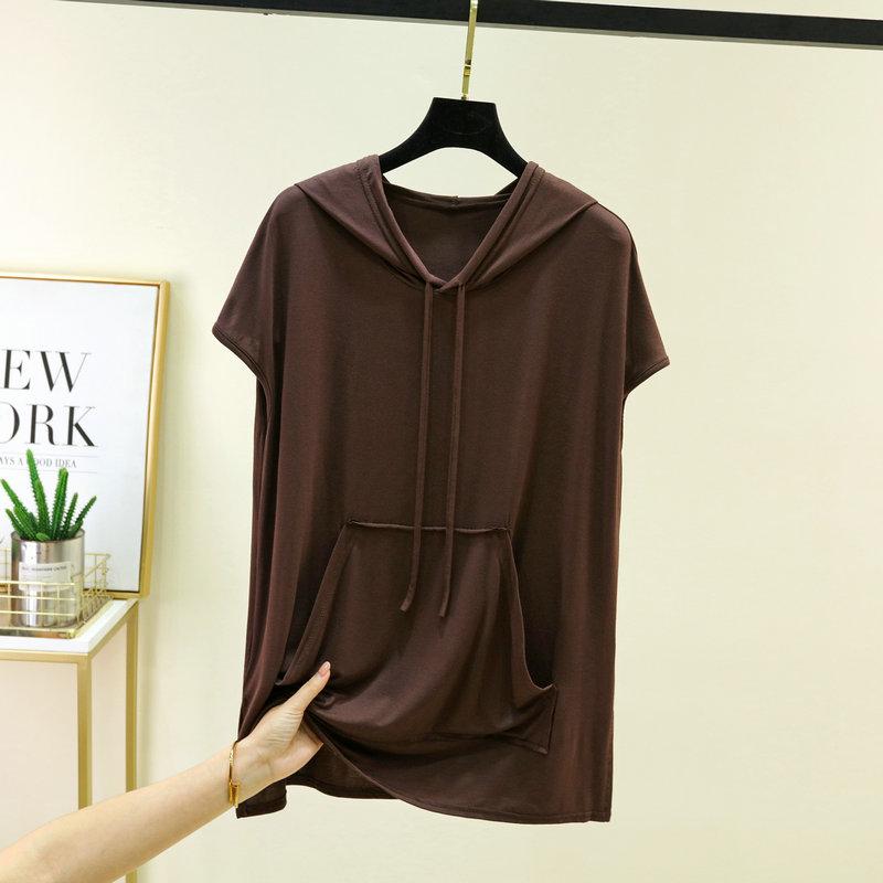 Women's Hooded Short Sleeve Tee Loose Casual Modal Knit Top Summer Daily Pocket Pullover