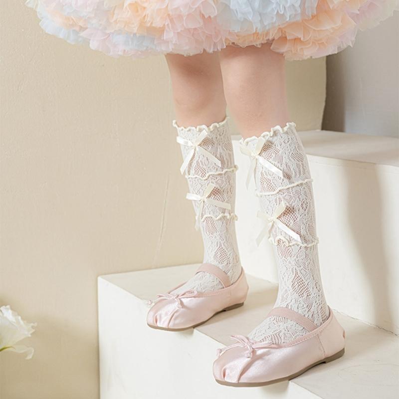 Cotton Girls Socks, Spring Thin Style In Tube Socks 3-Layer Lace Bowknot Charm Stackable for Kids 3-13T