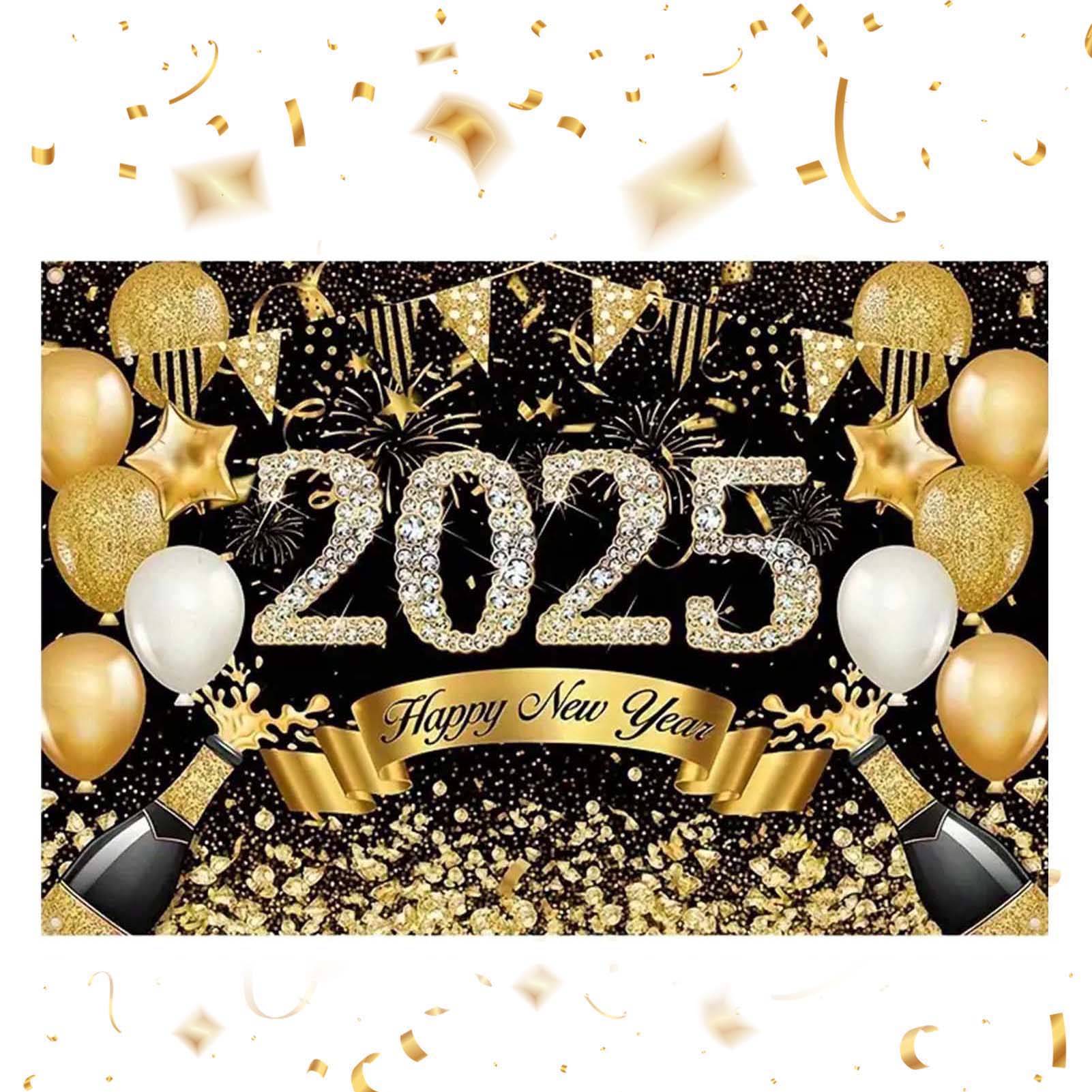 

2025 С Новым годом Задний фон для фотографии Шампанское Золотой баннер из воздушных шаров Праздничный фон для вечеринки Постер