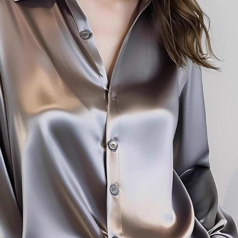 Elegant Silk Office Shirts Women Korean Fashion Y2k Clothes Slim Long Sleeve White Black Blouses