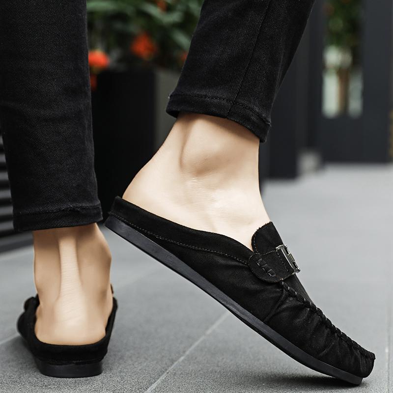 2025 New Men's Slippers Leather Summer Flat Bottom Outdoor Non Slip Comfortable Luxury Trendy Set Wearing Half Slippers 39-44
