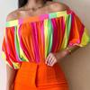 Women's Fashionable Casual Summer/ Spring Color-blocked Print Short-sleeved Single-shoulder Blouse Shirt