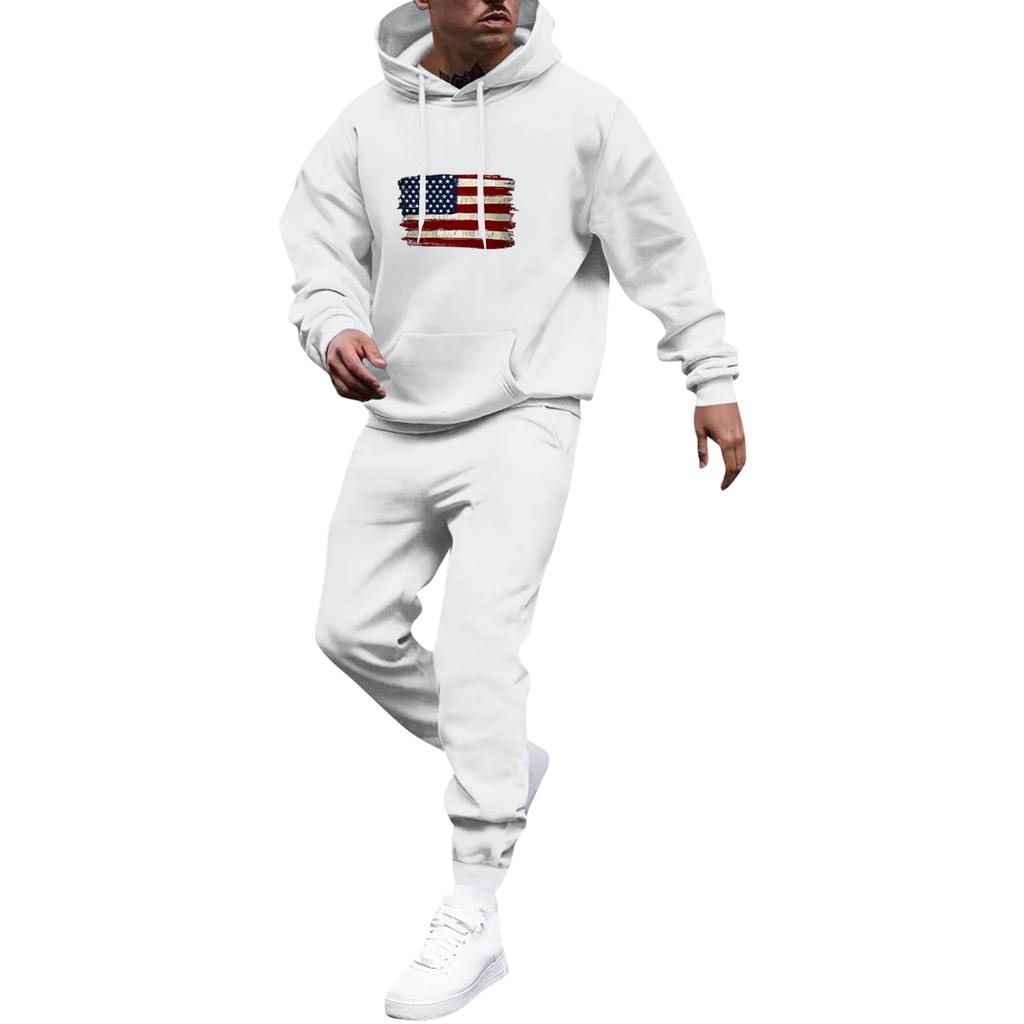 Men's Solid Color Flag Print Hooded Universal Versatile Hooded Sweatshirt Sweatpants Casual Sports Suit