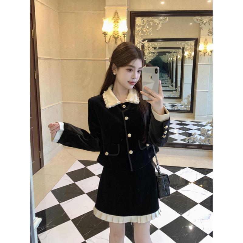 Black Velvet Skirt & Pearl Doll Collar Jacket - Plus Size Women s Fashion Medium