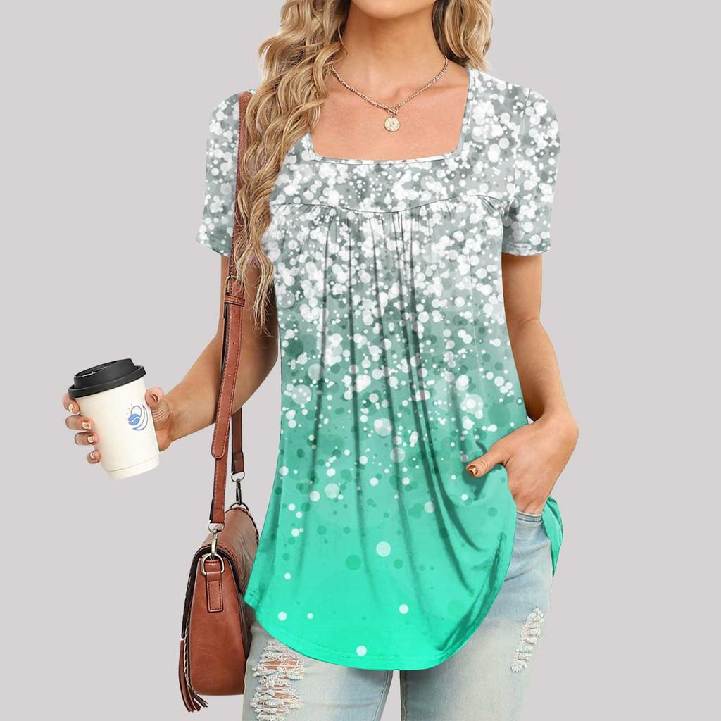 Womens Summer Tops Short Sleeve Blouses Casual Tunic Shirts Square Neck Printing  Tops