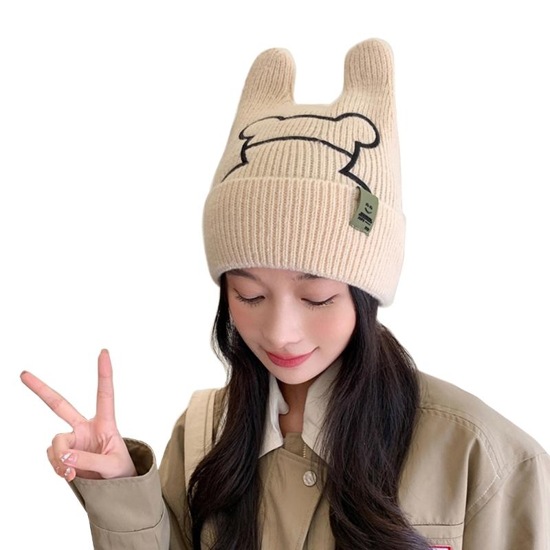 

Rabbit Ear Hat for Women InsStyle Knitting Hat Anime Cosplay Costume Hat Outdoor Skiing Hiking Hat Windproof Warm Cap бежевый