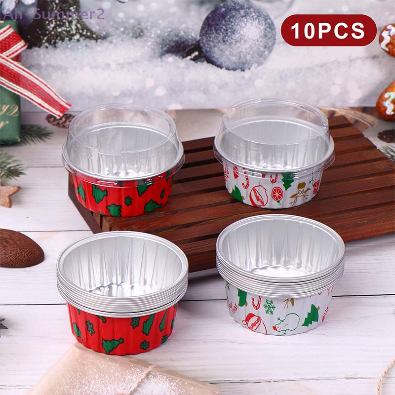 {MX} 10Pcs 125ml Christmas Aluminum Foil Tin Cup With Lids Reusable Pudding Cupcake Mold Air Fryer Baking Tray Tinfoil Cups