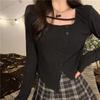 2KWEIRD Moda Coreana Magliette a Maniche Lunghe Nere da Donna Y2k Preppy Hollow Out Irregolari Magliette Corte Grigie Dolci Slim Top Lavorati a Maglia
