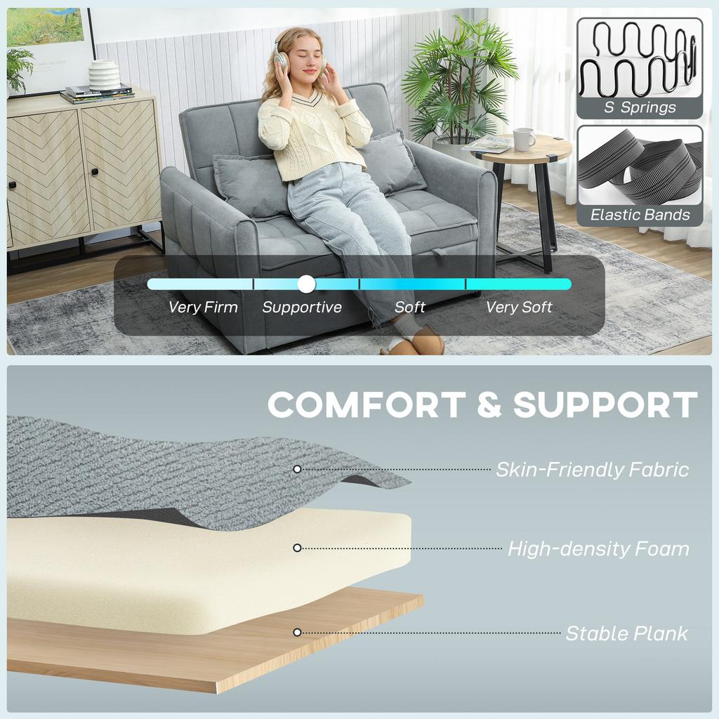 2 Seater Sofa Bed, 3-in-1 Convertible Sleeper Sofa with Click-clack Adjustable Backrest and 2 Pillows, Grey