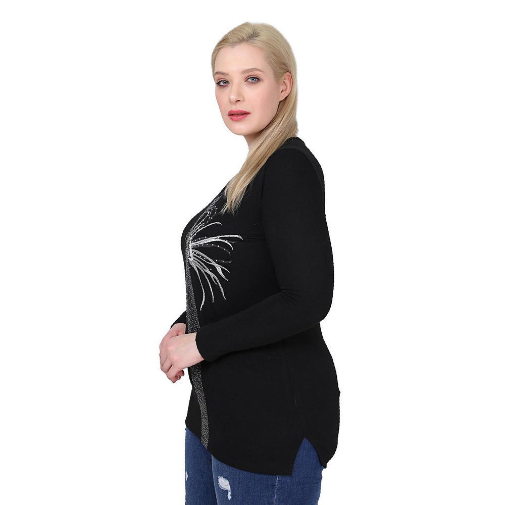 Fierte Bluz Mărimi Mari Dama Rg6800 Guler Rotund Detaliu Pietre Mânecă Lungă Tricot Fin Negru