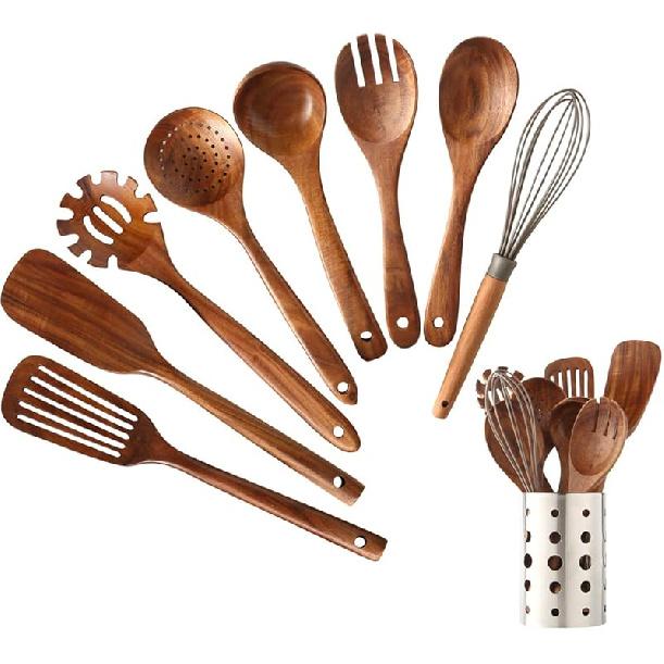 Wooden Kitchen Utensils set,NAYAHOSE Wooden Spoons for cooking Natural Teak Wood Kitchen Spatula Set for Cooking including Spoon Ladle Fork 7 Pack